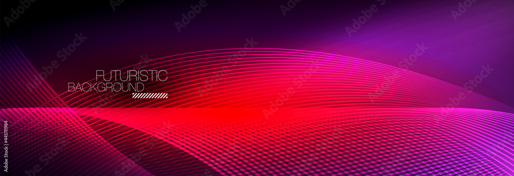 Abstract neon glowing light in the dark with waves. Shiny magic energy and motion concept, vector abstract wallpaper background Abstract neon glowing light in the dark with waves. Shiny magic energy and motion concept, vector abstract wallpaper background