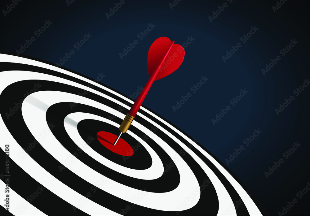 Red dart hit to center of dartboard. Arrow on bullseye in target. Business success, investment goals, marketing challenge, financial strategy, purpose achievement, focus ideas concept. 3d vector Red dart hit to center of dartboard. Arrow on bullseye in target. Business success, investment goals, marketing challenge, financial strategy, purpose achievement, focus ideas concept. 3d vector