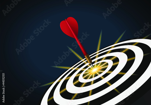 Red dart hit to center of dartboard. Arrow on bullseye in target. Business success, investment goals, marketing challenge, financial strategy, purpose achievement, focus ideas concept. 3d vector