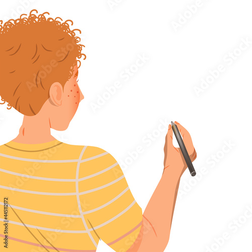 Redhead Man Photographer Retouching Photograph with Pencil Vector Illustration