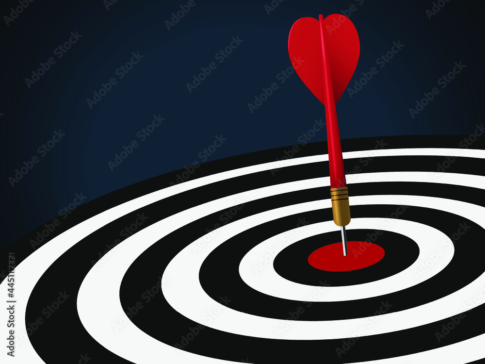 Red dart hit to center of dartboard. Arrow on bullseye in target. Business success, investment goals, marketing challenge, financial strategy, purpose achievement, focus ideas concept. 3d vector Red dart hit to center of dartboard. Arrow on bullseye in target. Business success, investment goals, marketing challenge, financial strategy, purpose achievement, focus ideas concept. 3d vector