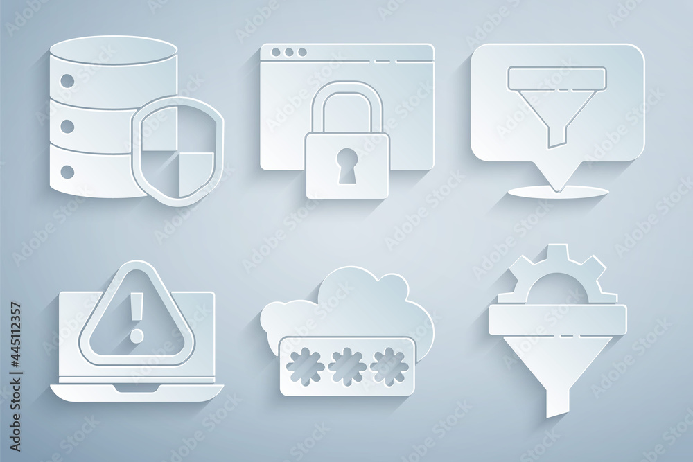 Set Password protection, Location with sales funnel, Laptop exclamation mark, Sales gear, Secure your site HTTPS, SSL and Server shield icon. Vector Set Password protection, Location with sales funnel, Laptop exclamation mark, Sales gear, Secure your site HTTPS, SSL and Server shield icon. Vector