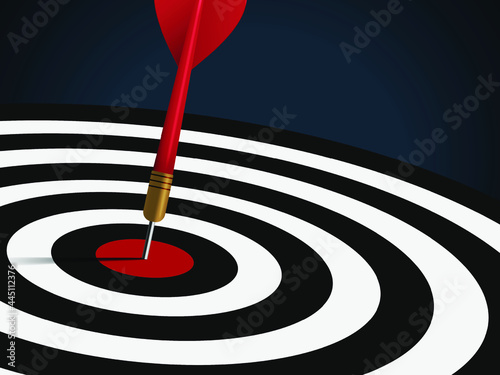 Red dart hit to center of dartboard. Arrow on bullseye in target. Business success, investment goals, marketing challenge, financial strategy, purpose achievement, focus ideas concept. 3d vector