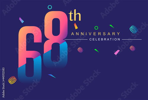 68th anniversary celebration with colorful design, modern style with ribbon and colorful confetti isolated on dark background, for birthday celebration.