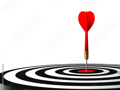 Red dart hit to center of dartboard. Arrow on bullseye in target. Business success, investment goals, marketing challenge, financial strategy, purpose achievement, focus ideas concept. 3d vector