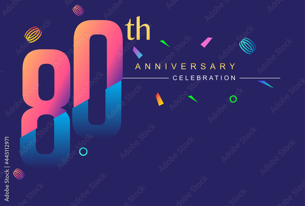 Fototapeta premium 80th anniversary celebration with colorful design, modern style with ribbon and colorful confetti isolated on dark background, for birthday celebration.