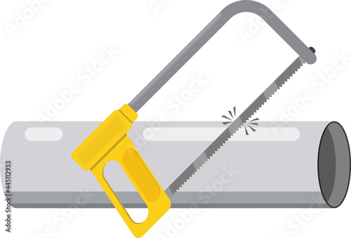 Hacksaw for metal. Sawing an iron pipe. Flat design.