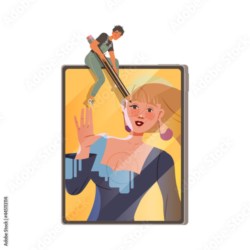 Man in Overall Retouching Photograph with Pencil Vector Illustration