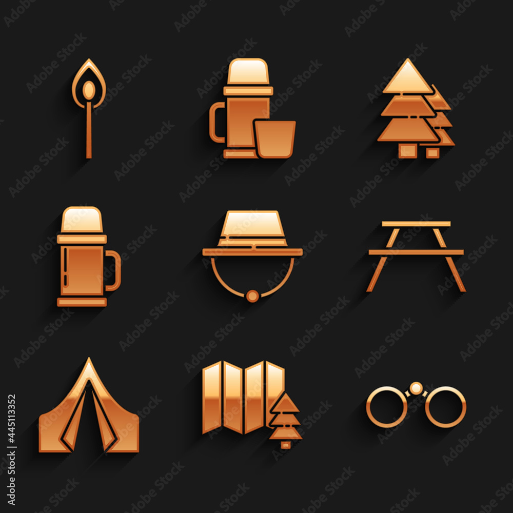 Set Camping hat, Location of the forest, Binoculars, Picnic table with benches, Tourist tent, Thermos container, Tree and Burning match fire icon. Vector Set Camping hat, Location of the forest, Binoculars, Picnic table with benches, Tourist tent, Thermos container, Tree and Burning match fire icon. Vector