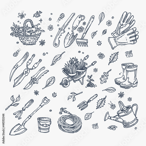 Big set of hand-drawn garden elements gardening tools.