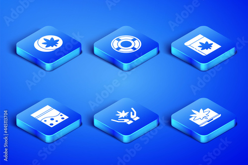 Set Laptop and marijuana or cannabis, Herbal ecstasy tablets, Marijuana leaf, Plastic bag of, Ashtray and Book icon. Vector