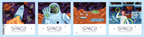 Space exploring posters set. Rocket explorer flies in galaxy banner. Cosmonaut landed on planet and greeting. Exoplanet colonization human base. Science fiction people in station. Universe exploration