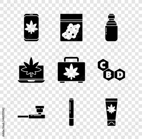 Set Mobile and marijuana or cannabis, Plastic bag of, Marijuana olive oil, Smoking pipe, joint, Medical cream with, Laptop and Shopping box icon. Vector