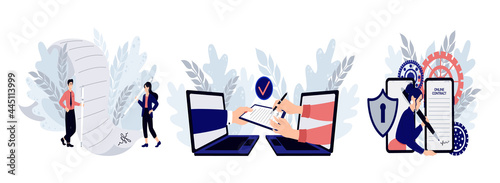 Electronic contract or digital signature concept. Set of scenes with entrepreneurs making deal. Concept of agreement conclusion, business partnership, documentary coherence isolated