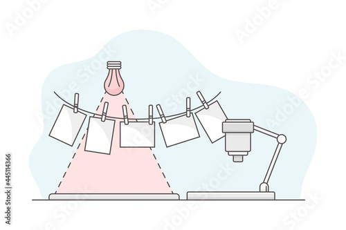 Negative Photos Hanging on Rope in Darkroom with Red Light Bulb Line Vector Illustration