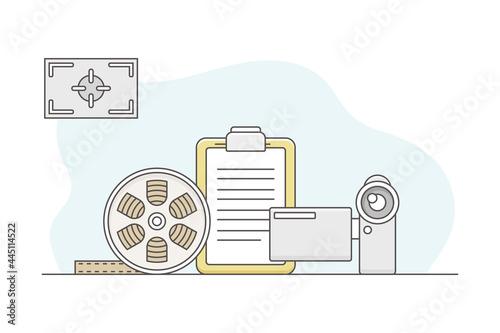 Video Content Footage Production in Filmmaking with Movie Camera and Motion Picture Record Line Vector Illustration