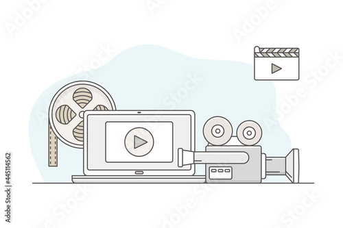 Video Content Footage Production in Filmmaking with Movie Camera and Motion Picture Record Line Vector Illustration