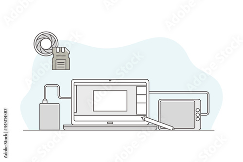 Video Content Footage Production in Filmmaking with Camera Shutter and Postproduction with Laptop Interface Line Vector Illustration