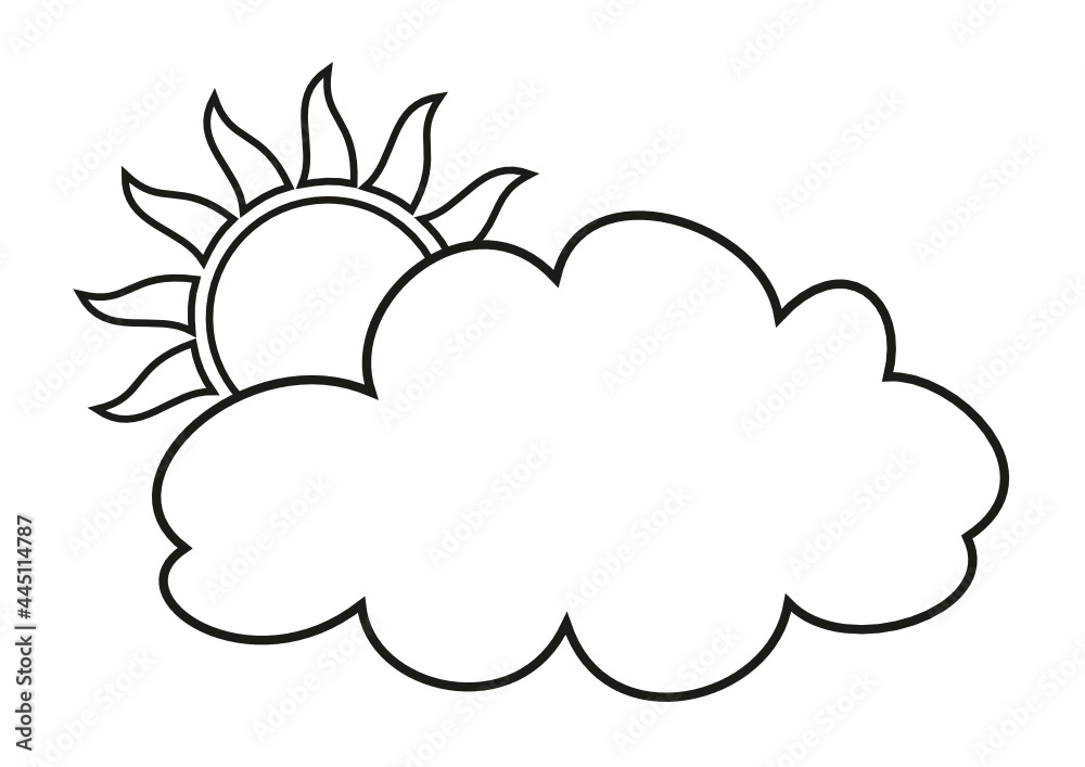 Sun with cloud in cartoon style, sunlight and sunbeams, contour drawing of sun and clouds, vector drawing sun and cloud