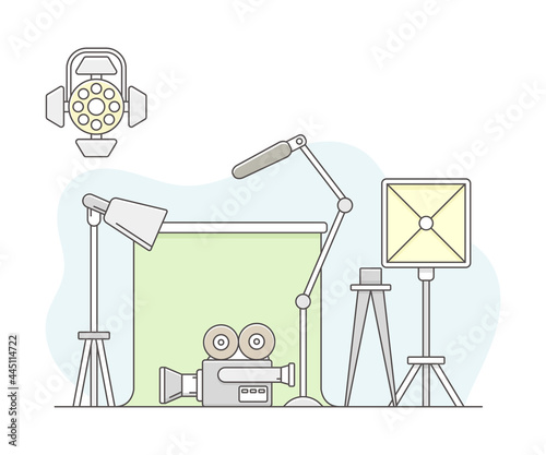 Video Content Footage Production in Filmmaking with Movie Camera and Soft Box with Backdrop Line Vector Illustration