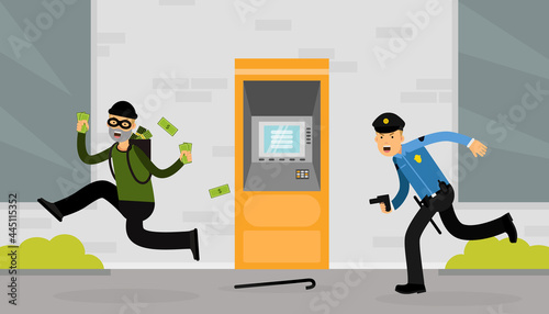 Man Police Officer or Policeman with Truncheon Chasing Thief Escaping with Stolen Money Vector Illustration