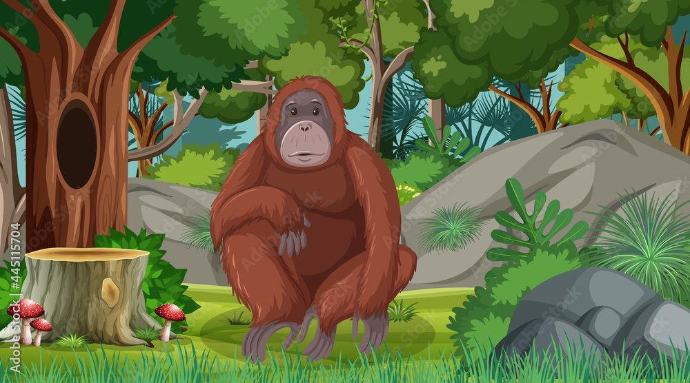 Obraz premium Orangutan in forest or rainforest scene with many trees