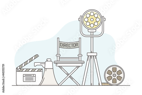Video Content Footage Production in Filmmaking with Director Chair, Reel and lapperboard Line Vector Illustration