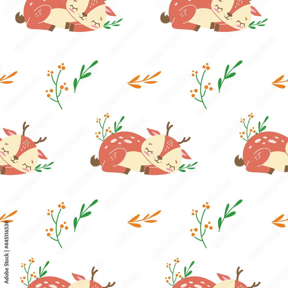 Obraz premium Vector seamless childish pattern with a cute sleeping baby deer on a white background. 