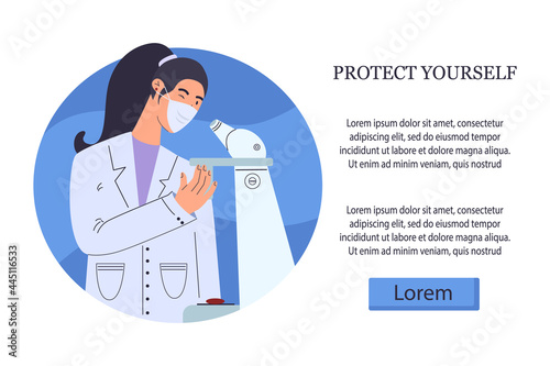 Laboratory tests of the covid-19 vaccine. A female doctor examines the vaccine. Vector illustration in cartoon style with place for text.