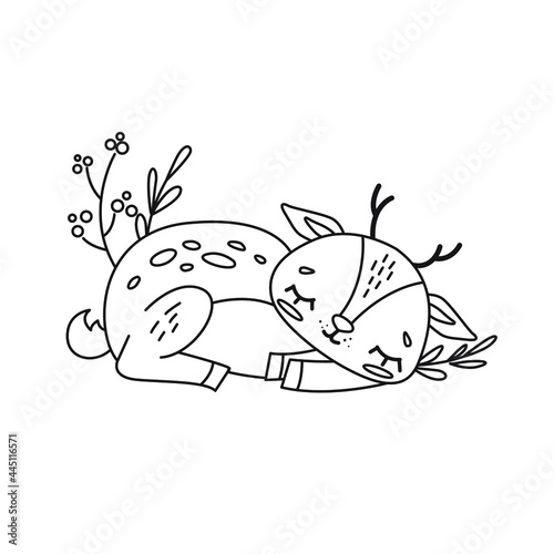 Coloring page antistress. A cute sleeping baby deer isolated on a white background. Vector illustration for art therapy, antistress coloring book for adults and children.