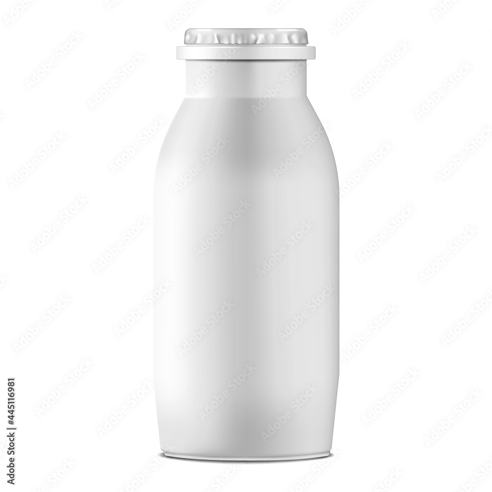 White blank yogurt bottle with foil lid isolated on white background - realistic mockup. Milk, drinking yoghurt, dairy product package - vector mock-up. Template for design White blank yogurt bottle with foil lid isolated on white background - realistic mockup. Milk, drinking yoghurt, dairy product package - vector mock-up. Template for design