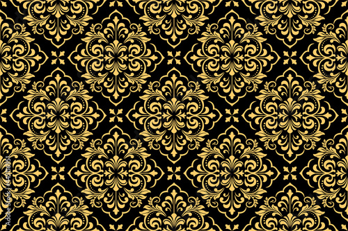 Floral pattern. Vintage wallpaper in the Baroque style. Seamless vector background. Gold and black ornament for fabric, wallpaper, packaging. Ornate Damask flower ornament