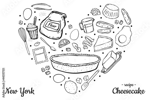 Illustration cheesecake and ingredients for cooking isolated on white background.