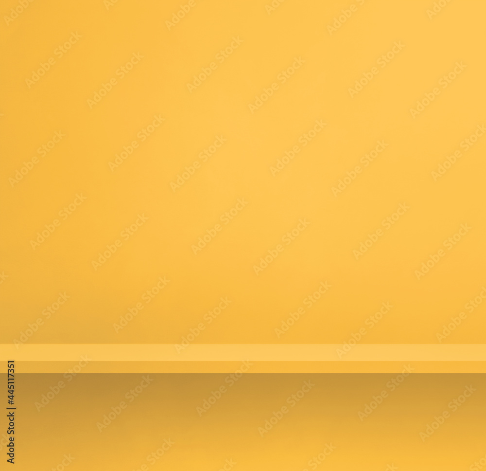 Empty shelf on a yellow wall. Background template. Square banner Empty shelf on a yellow wall. Background template. Square banner