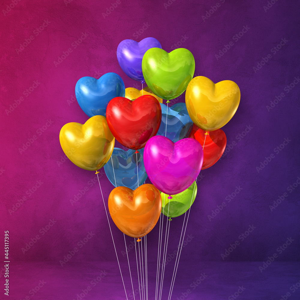 Colorful heart shape balloons bunch on a purple wall background