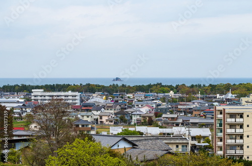 Cityscape of higashikagawa city and the seto inland sea    kagawa  shikoku  japan 