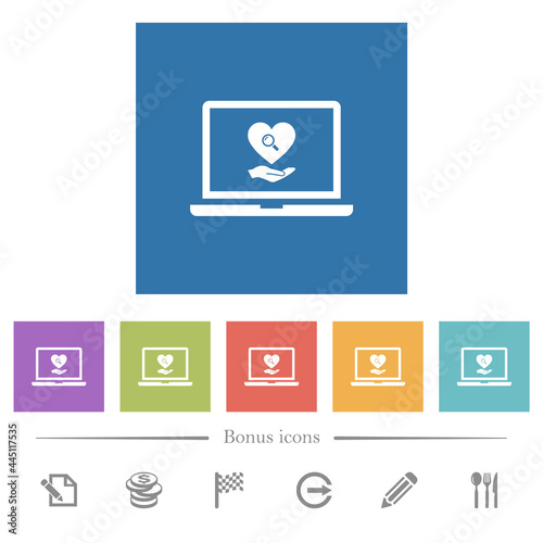 Online Dating on laptop flat white icons in square backgrounds