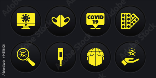 Set Virus under magnifying glass, Pills blister pack, Medical thermometer, Earth with medical mask, Corona virus on location, protective, Hand and statistics monitor icon. Vector