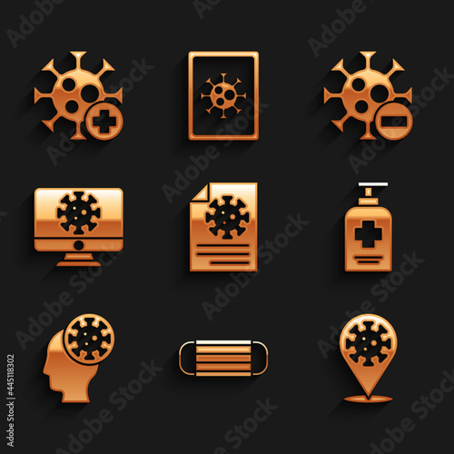 Set Clipboard with blood test results, Medical protective mask, Corona virus 2019-nCoV on location, Liquid antibacterial soap, Human and, Virus statistics monitor, Negative and Positive icon. Vector