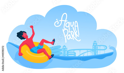 Man on a water slide on an inflatable ring. A waterpark, aquapark advertisement banner, poster. Inflatable tube on a waterslide. Aqua park flyer with copy space. Amusement park.
