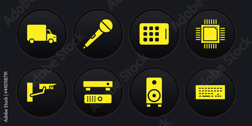 Set Security camera, Processor with microcircuits CPU, Multimedia and TV box, Stereo speaker, Graphic tablet, Microphone, Keyboard and Delivery cargo truck icon. Vector