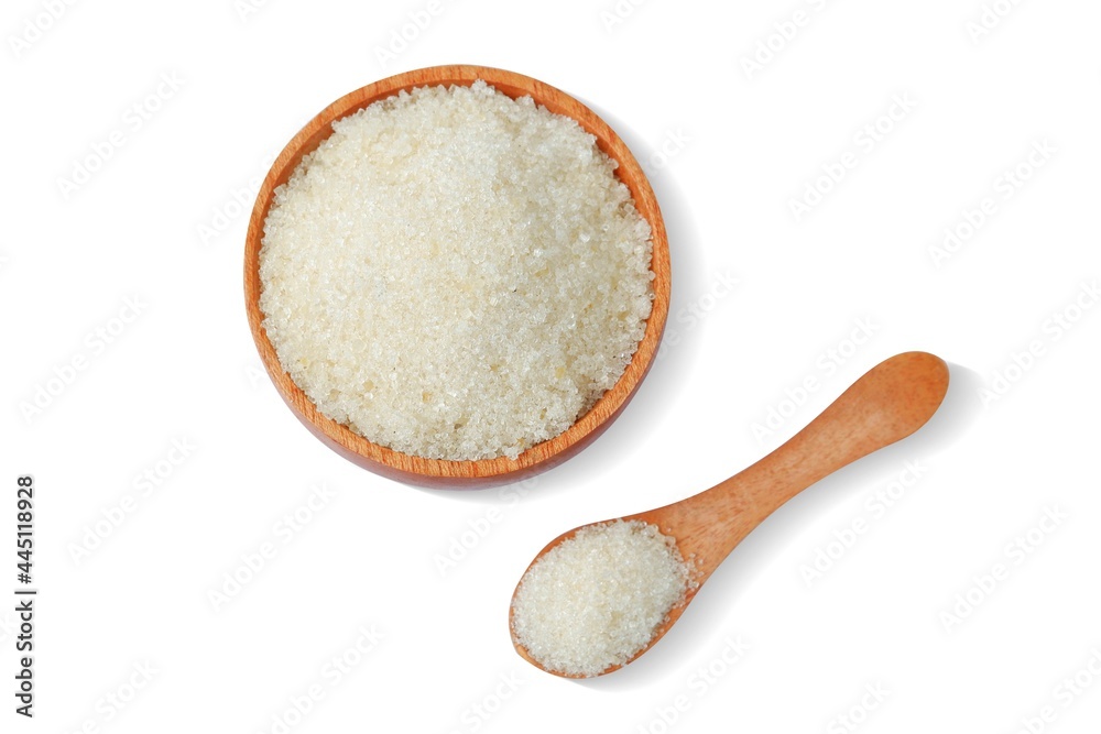 Granulated sugar with wooden bowl and spoon on white background,Top view Granulated sugar with wooden bowl and spoon on white background,Top view