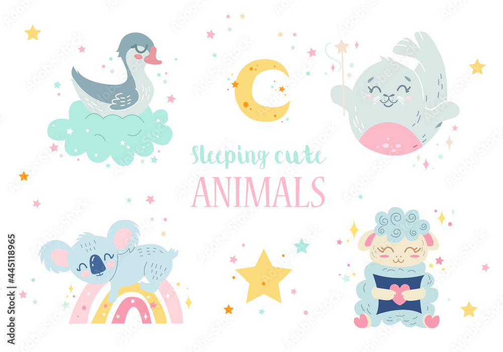 Nursery sleeping cute animals collection. Goose, koala, seal and sheep. Cartoon vector illustration. Nursery sleeping cute animals collection. Goose, koala, seal and sheep. Cartoon vector illustration.