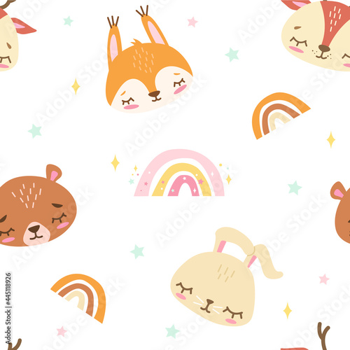 Vector seamless pattern with cute animals faces in pastel colors. Squirrel, teddy bear, deer and bunny.  White background.