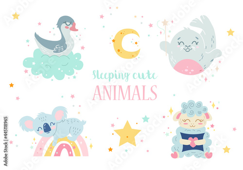 Nursery sleeping cute animals collection. Goose, koala, seal and sheep. Cartoon vector illustration.