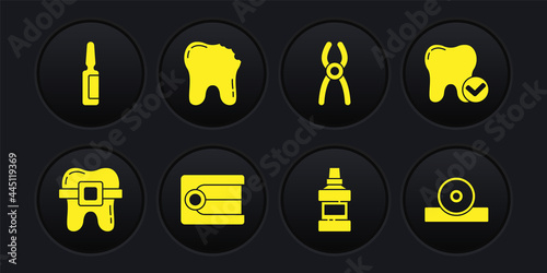 Set Teeth with braces, Tooth whitening concept, Dentures model, Mouthwash bottle, Dental pliers, Broken tooth, Otolaryngological head reflector and Painkiller tablet icon. Vector
