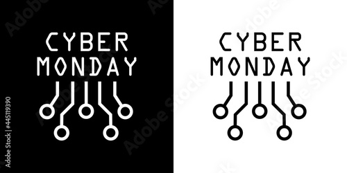 Logotipo con texto Cyber Monday con conexiones digitales con lineas en fondo blanco y fondo negro