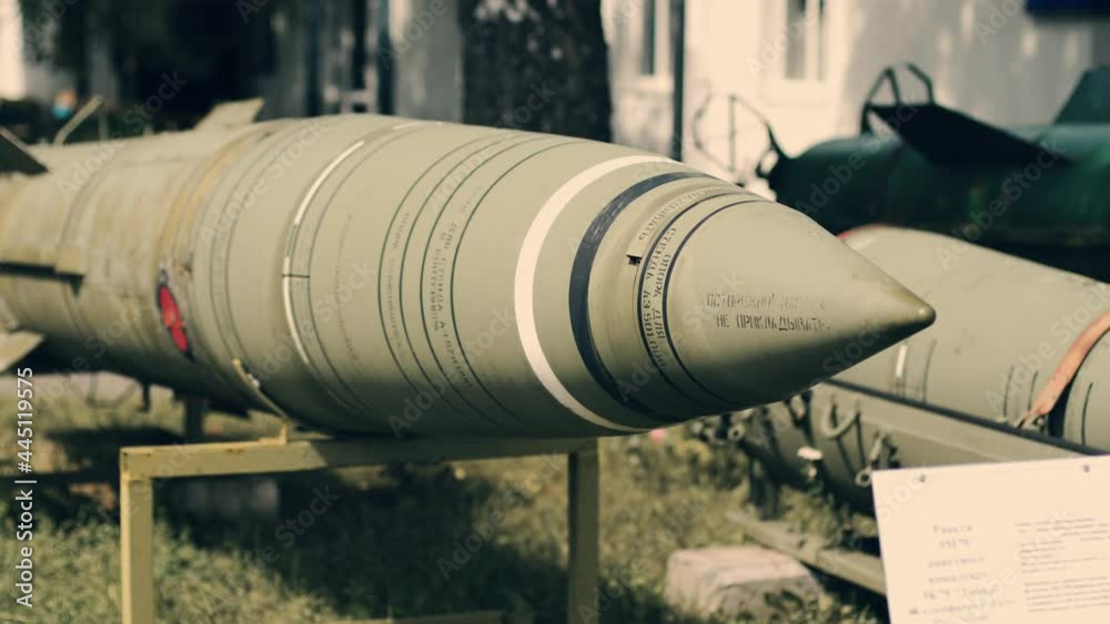 Pobuzke, Ukraine - July 5, 2021: Soldiery.Models of cruise, guided and unguided missiles, aviation anti-ship missiles, jet depth charges. Second World War. Museum of Missile Troops. Museum exhibit Pobuzke, Ukraine - July 5, 2021: Soldiery.Models of cruise, guided and unguided missiles, aviation anti-ship missiles, jet depth charges. Second World War. Museum of Missile Troops. Museum exhibit