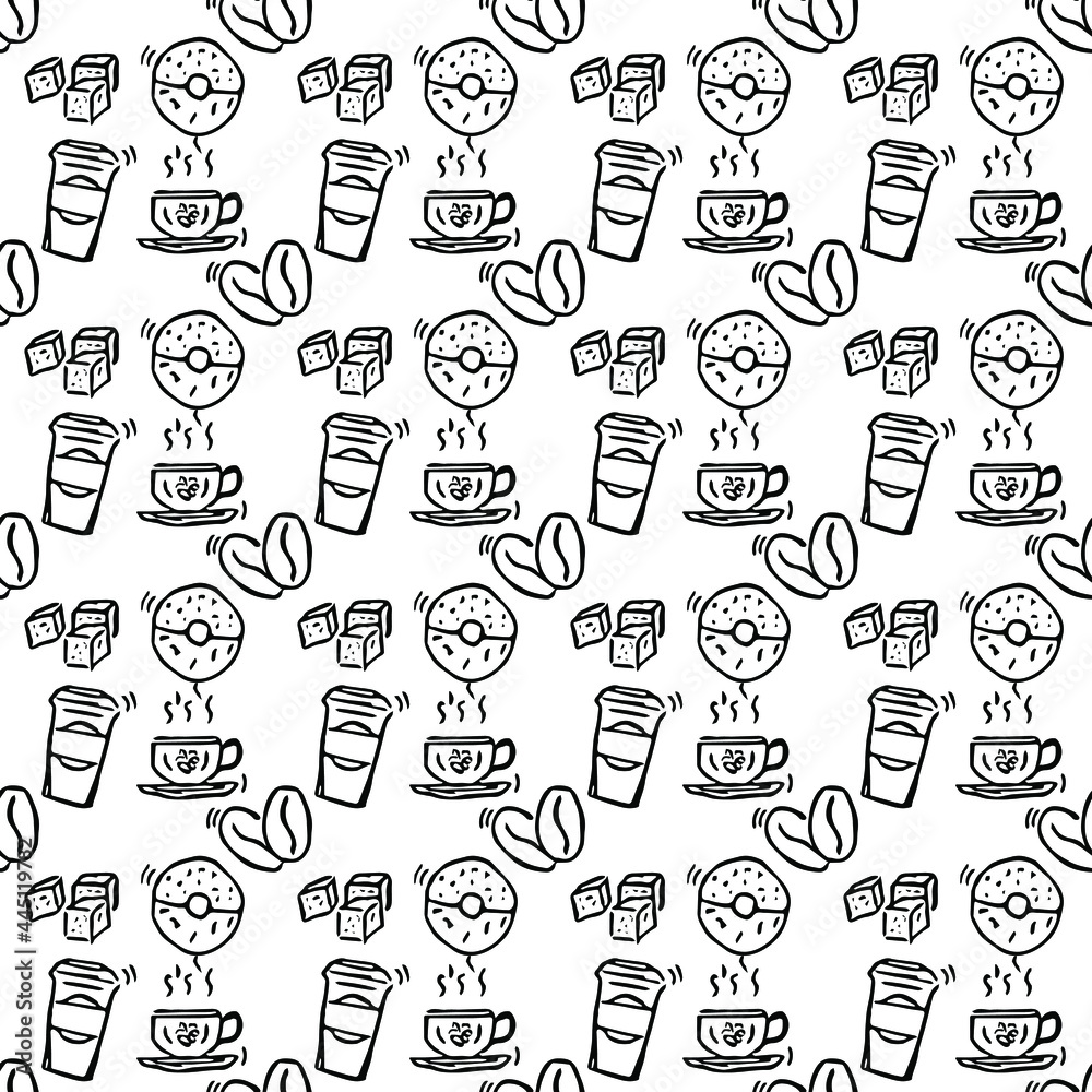Seamless coffee shop vector icons. Doodle vector with cafe icons on white background. Vintage coffee shop icons, sweet elements background for your project, menu, cafe shop. Seamless coffee shop vector icons. Doodle vector with cafe icons on white background. Vintage coffee shop icons, sweet elements background for your project, menu, cafe shop.