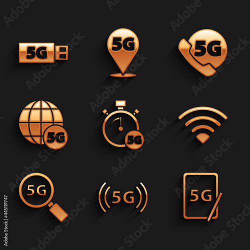 Set Digital speed meter 5G, network, Graphic tablet with, Wi-Fi wireless, Search, Phone and modem icon. Vector